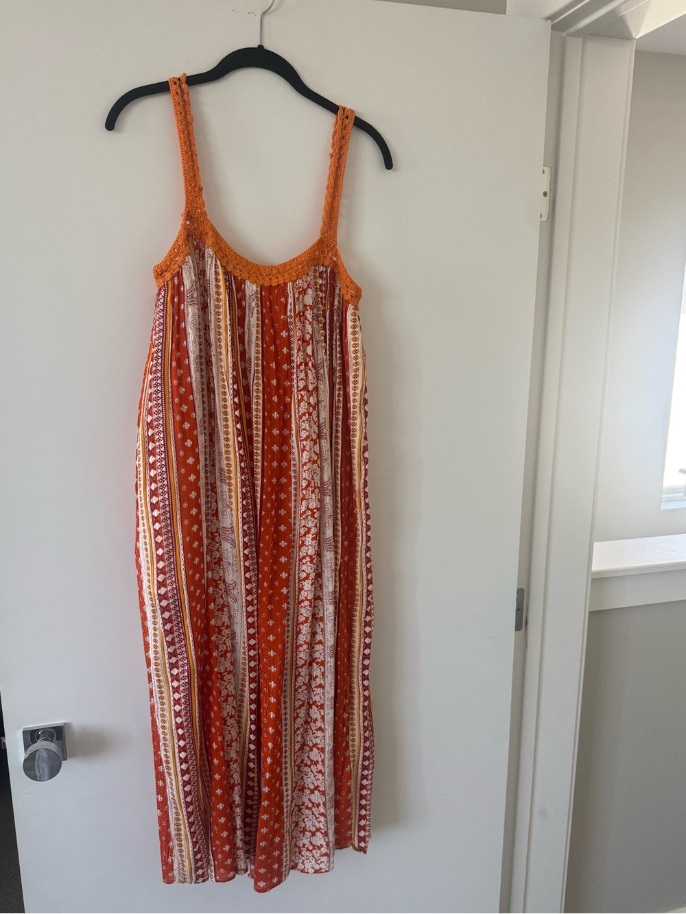 RAGA Sun Canyon Metallic Orange and White Striped Midi Dress with Crochet Straps